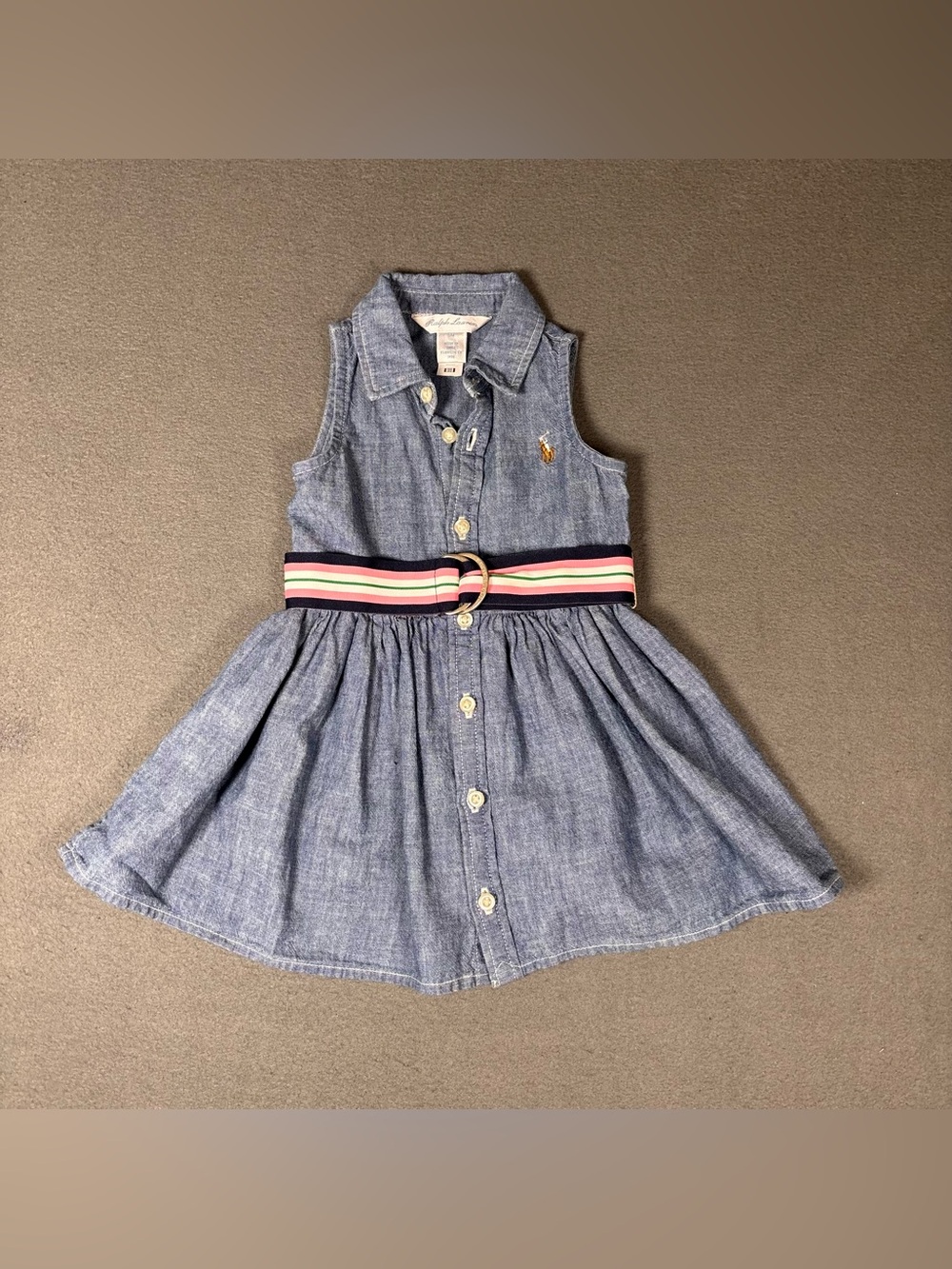 Ralph Lauren blue denim dress with pink, white, and green striped belt, size 6M
